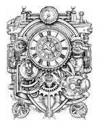 Detailed mechanical clock design with gears and clock face on a white background