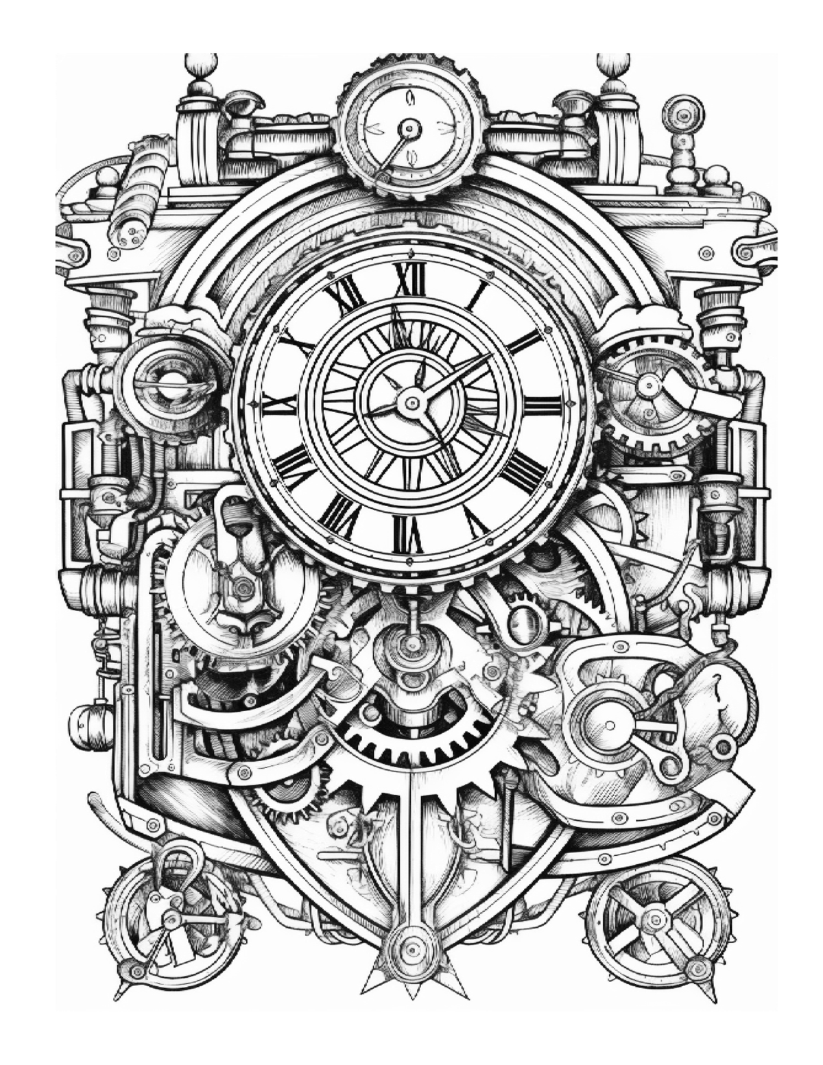 Detailed mechanical clock design with gears and clock face on a white background