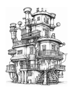 Detailed black and white illustration of a steampunk-style house with various mechanical components.