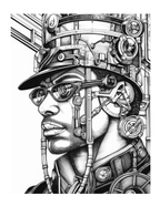 Artistic depiction of a person with mechanical components integrated into their clothing and accessories.