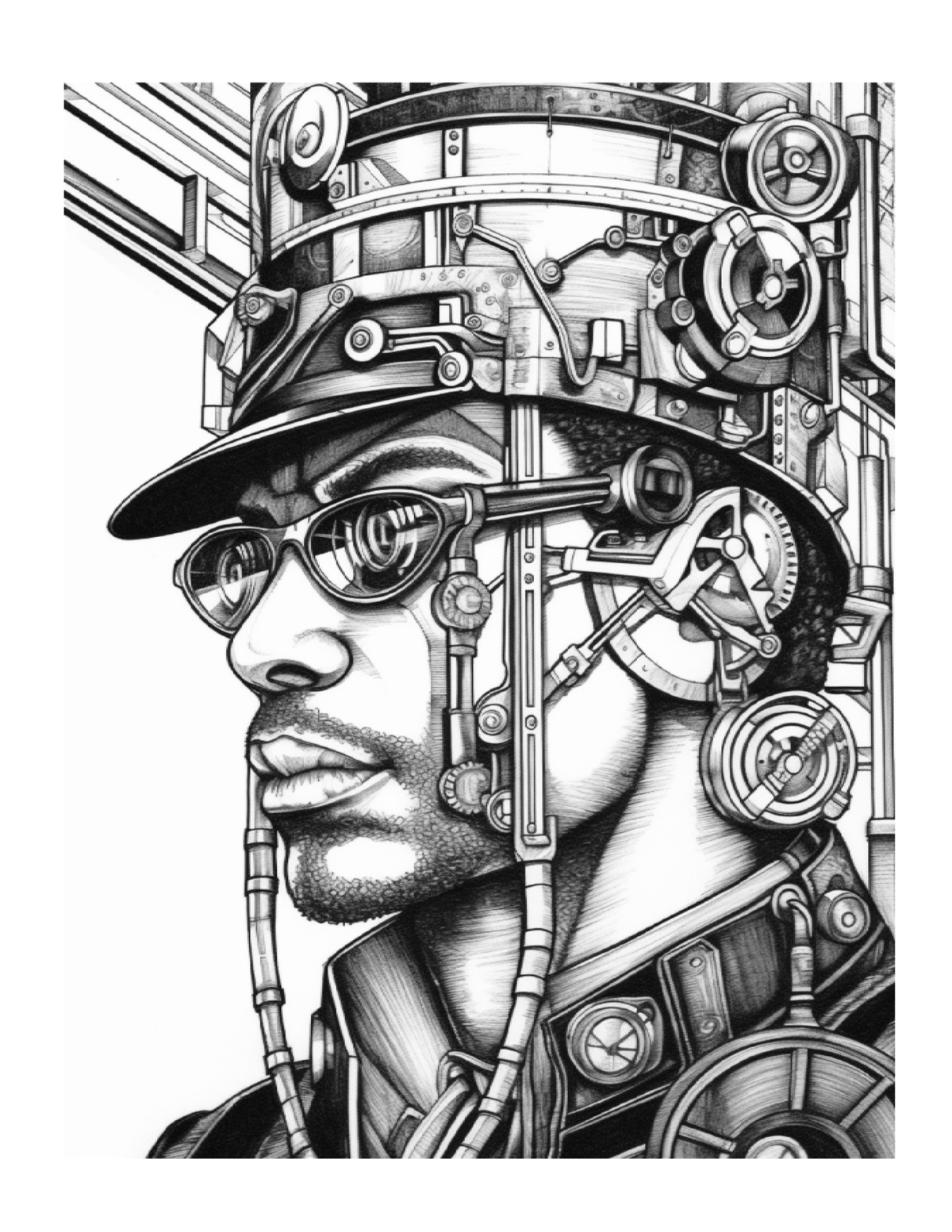 Artistic depiction of a person with mechanical components integrated into their clothing and accessories.
