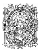 Detailed black and white illustration of a mechanical clock with gears and decorative elements.