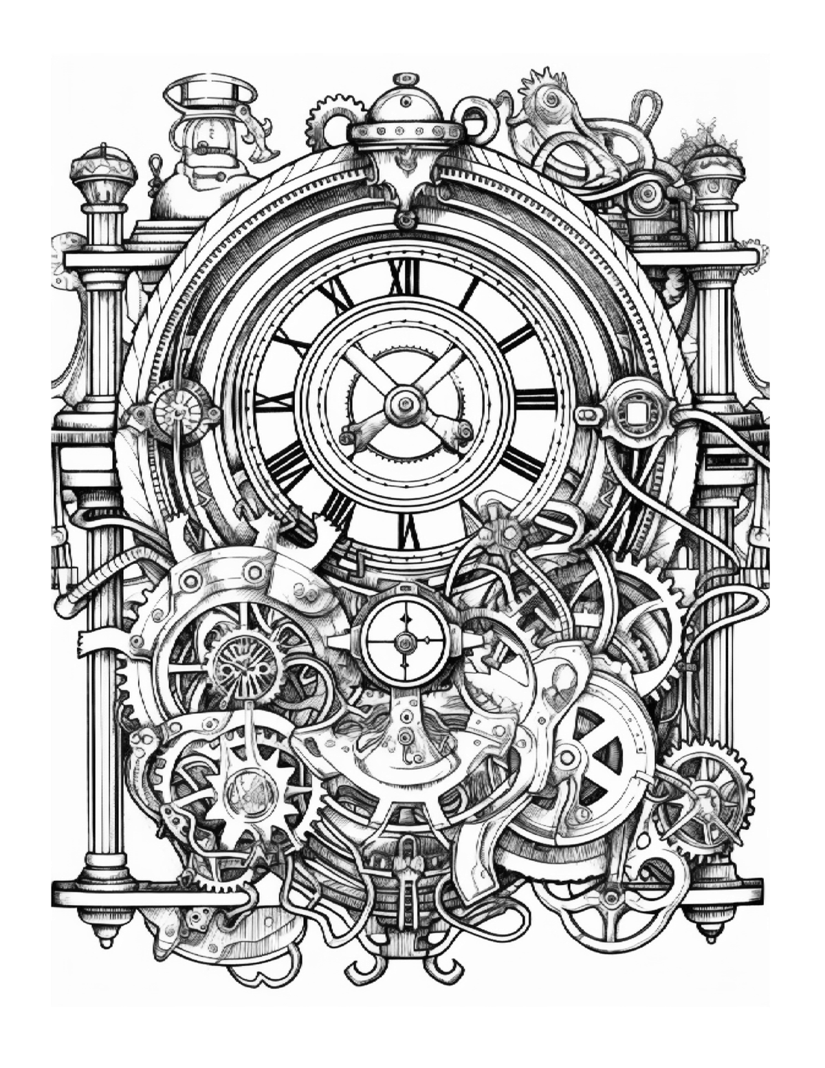 Detailed black and white illustration of a mechanical clock with gears and decorative elements.