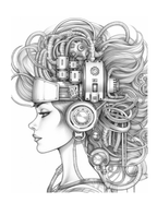 Artistic illustration of a woman's profile with mechanical elements in her hair