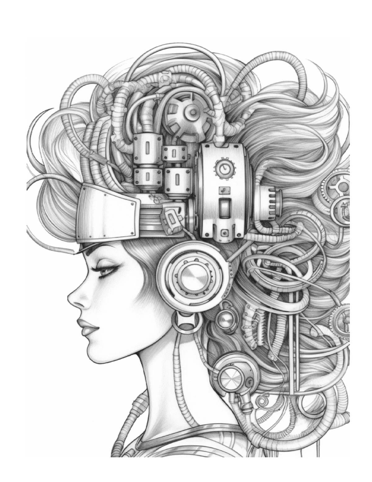 Artistic illustration of a woman's profile with mechanical elements in her hair