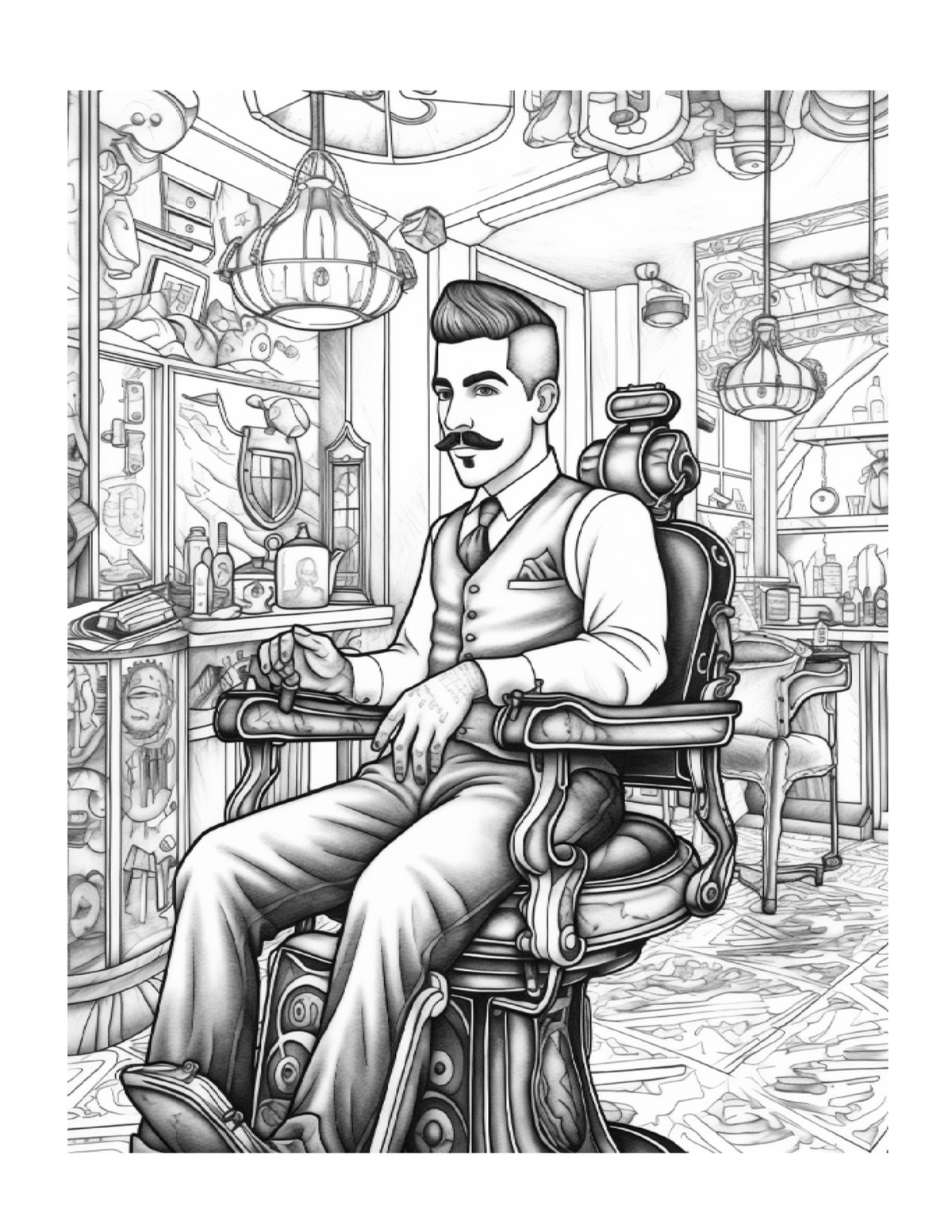 Illustration of a man sitting in an old-fashioned barber chair in a barbershop.
