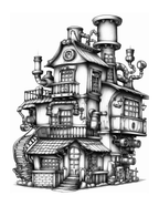 Steampunk-style house illustration with intricate details on a white background