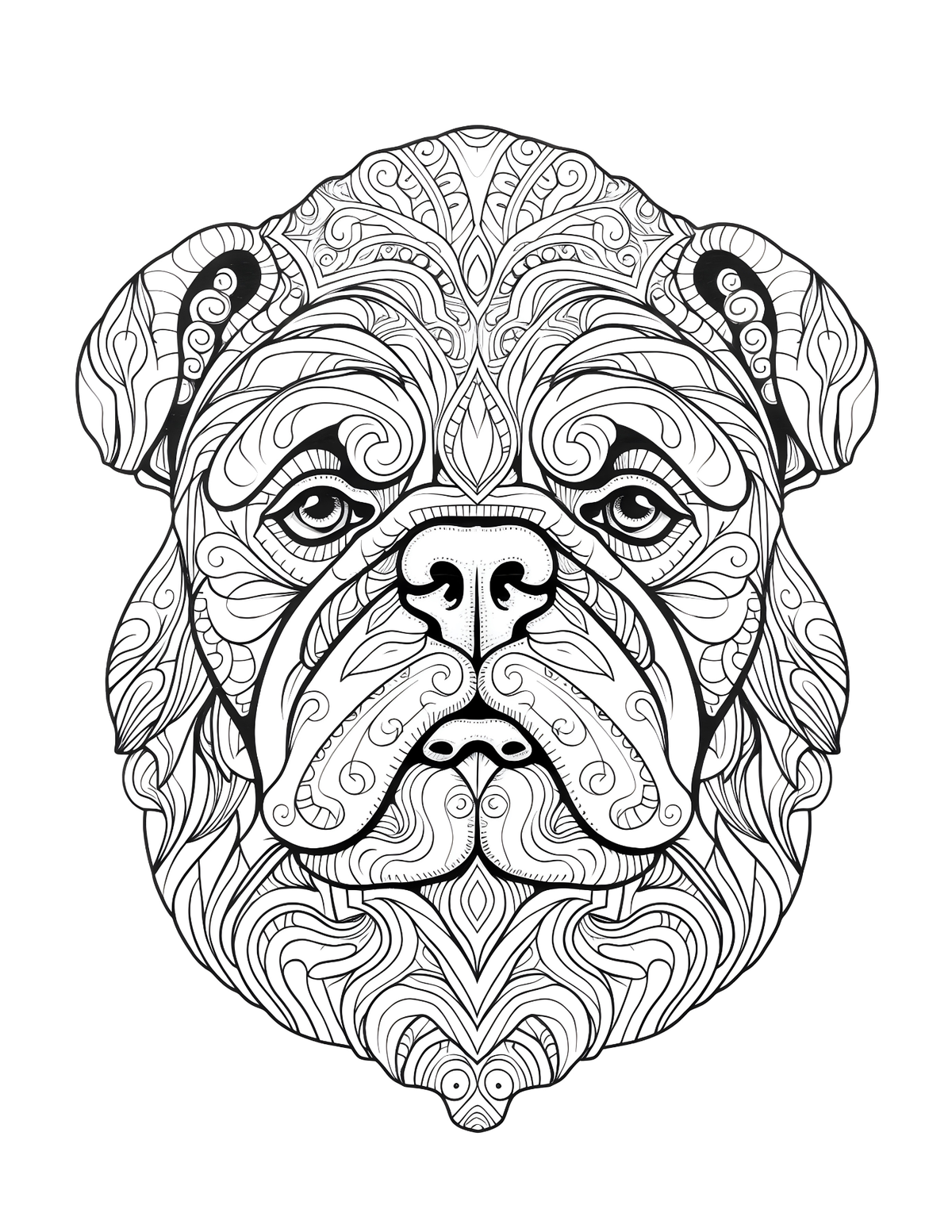 Coloring book page with a detailed black and white illustration of a bulldog's face.