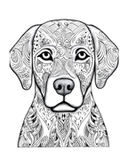 Coloring book page with a detailed black and white dog illustration on a white background