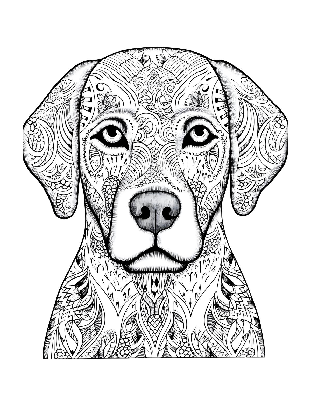 Coloring book page with a detailed black and white dog illustration on a white background