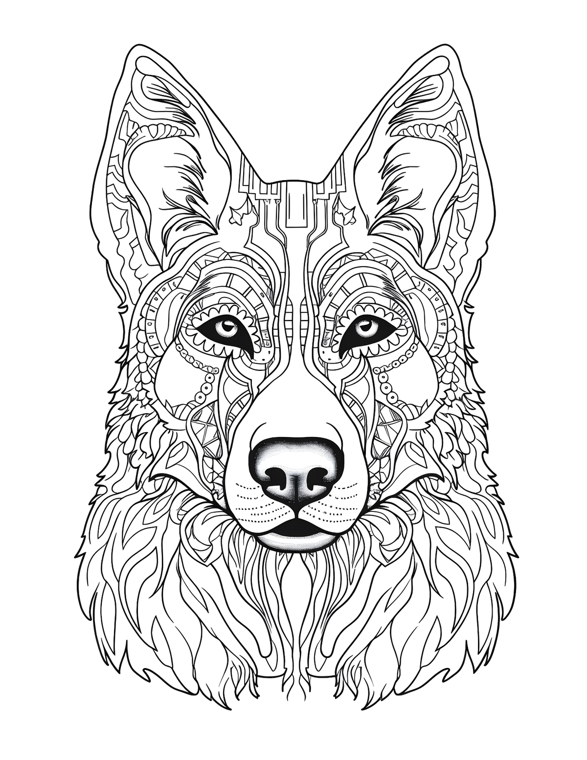 Detailed line drawing of a wolf's face on a white background