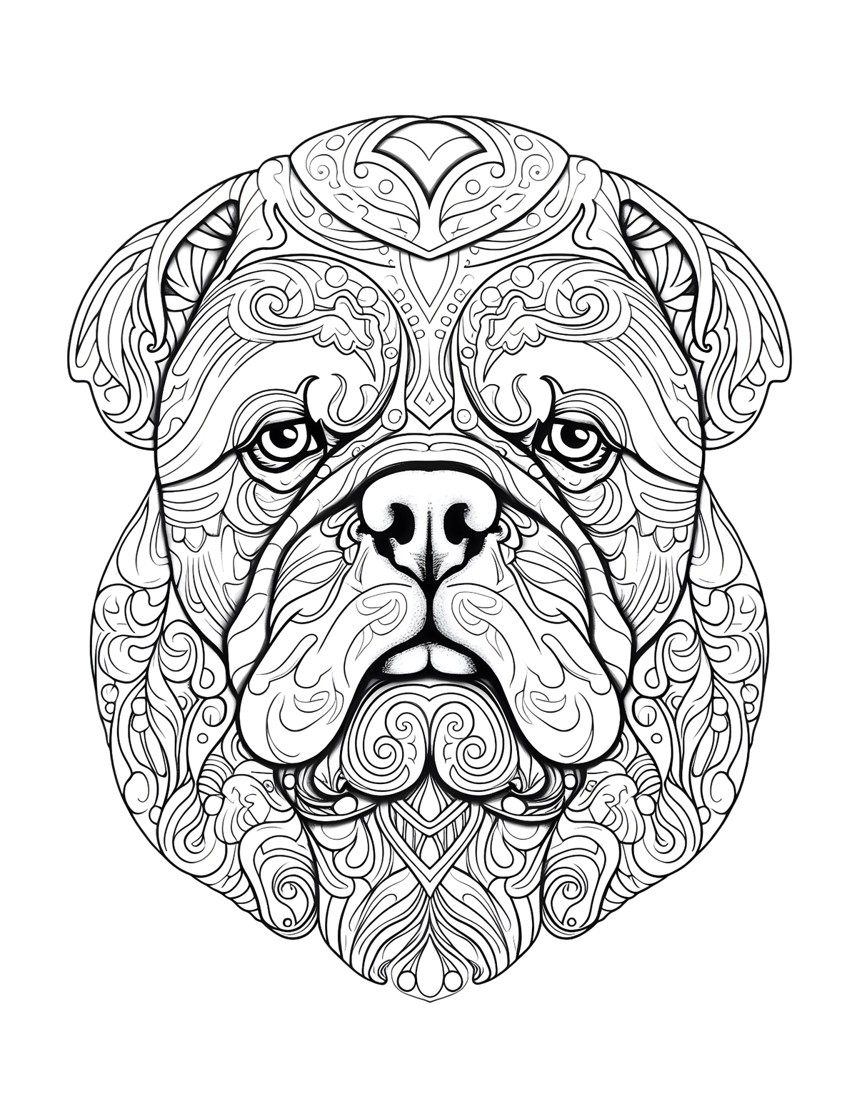 Decorative bulldog head design with intricate patterns on a white background