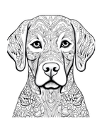 Black and white dog illustration with intricate patterns on a white background