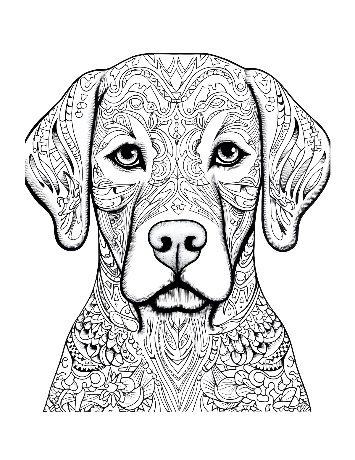 Black and white dog illustration with intricate patterns on a white background
