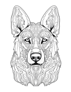Black and white intricate line drawing of a wolf's head on a white background
