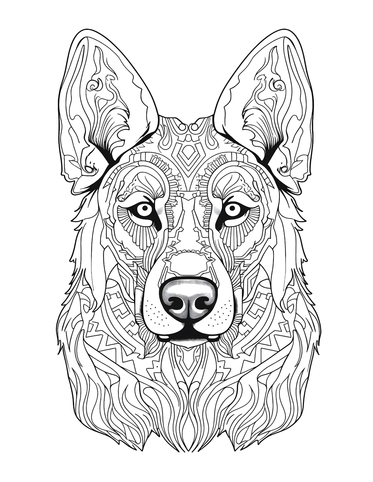 Black and white intricate line drawing of a wolf's head on a white background