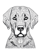 Black and white intricate design of a dog's face on a white background