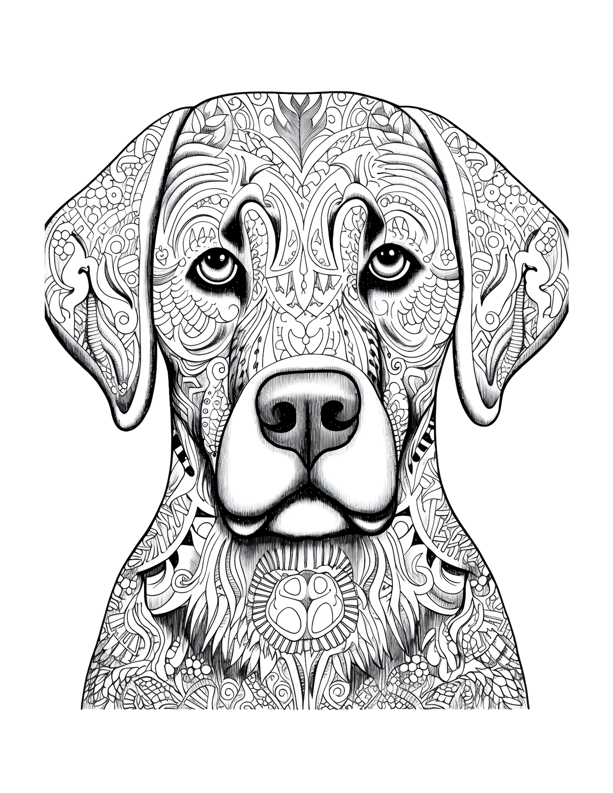 Black and white intricate design of a dog's face on a white background