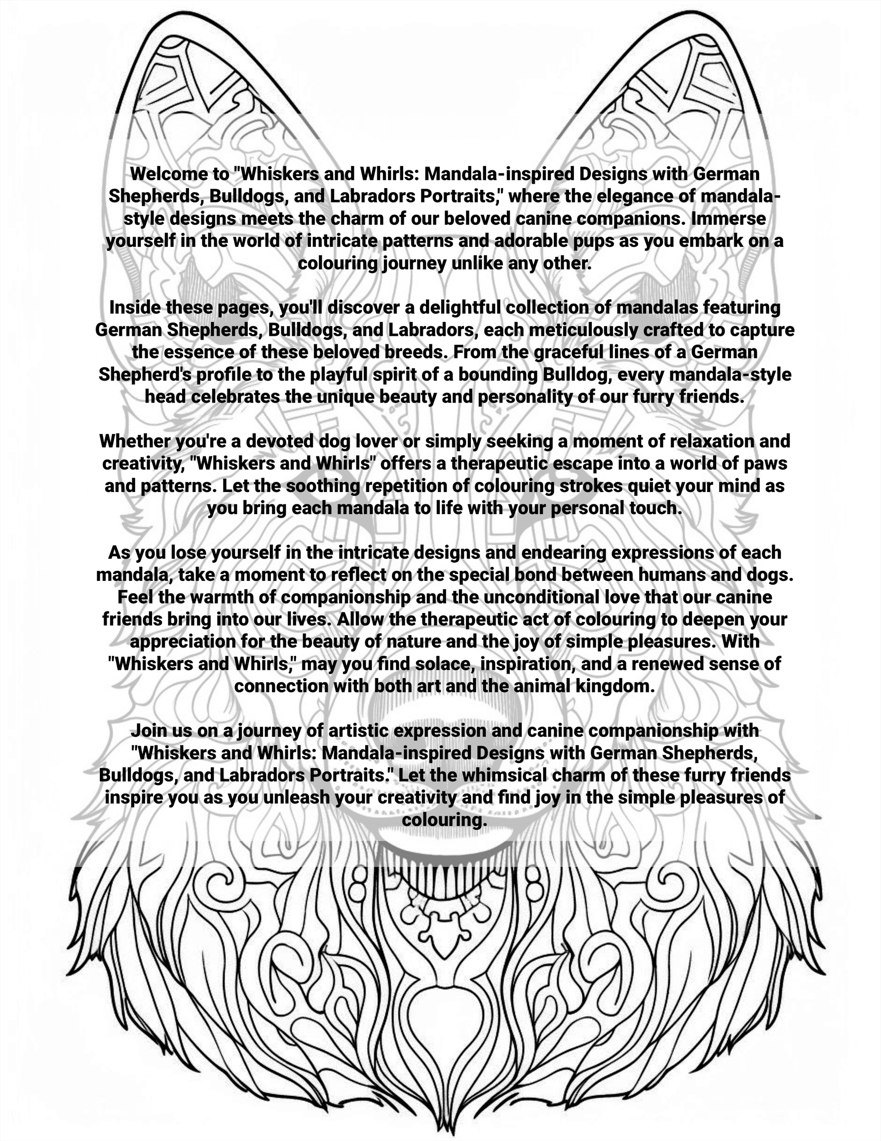 Whiskers and Whirls: Mandala-Inspired Designs with German Shepherds, Bulldogs, and Labradors Portraits.