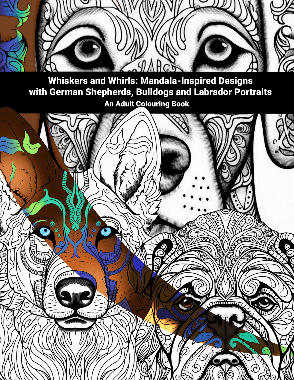 Coloring book with mandala-inspired designs of German Shepherds, Bulldogs, and Labrador portraits.