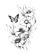 Black and white floral design with a butterfly on a white background