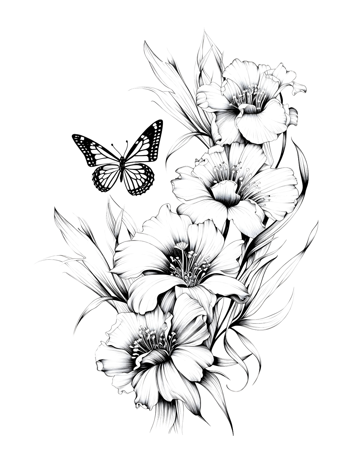 Black and white floral design with a butterfly on a white background