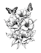 Black and white illustration of flowers and butterflies on a white background