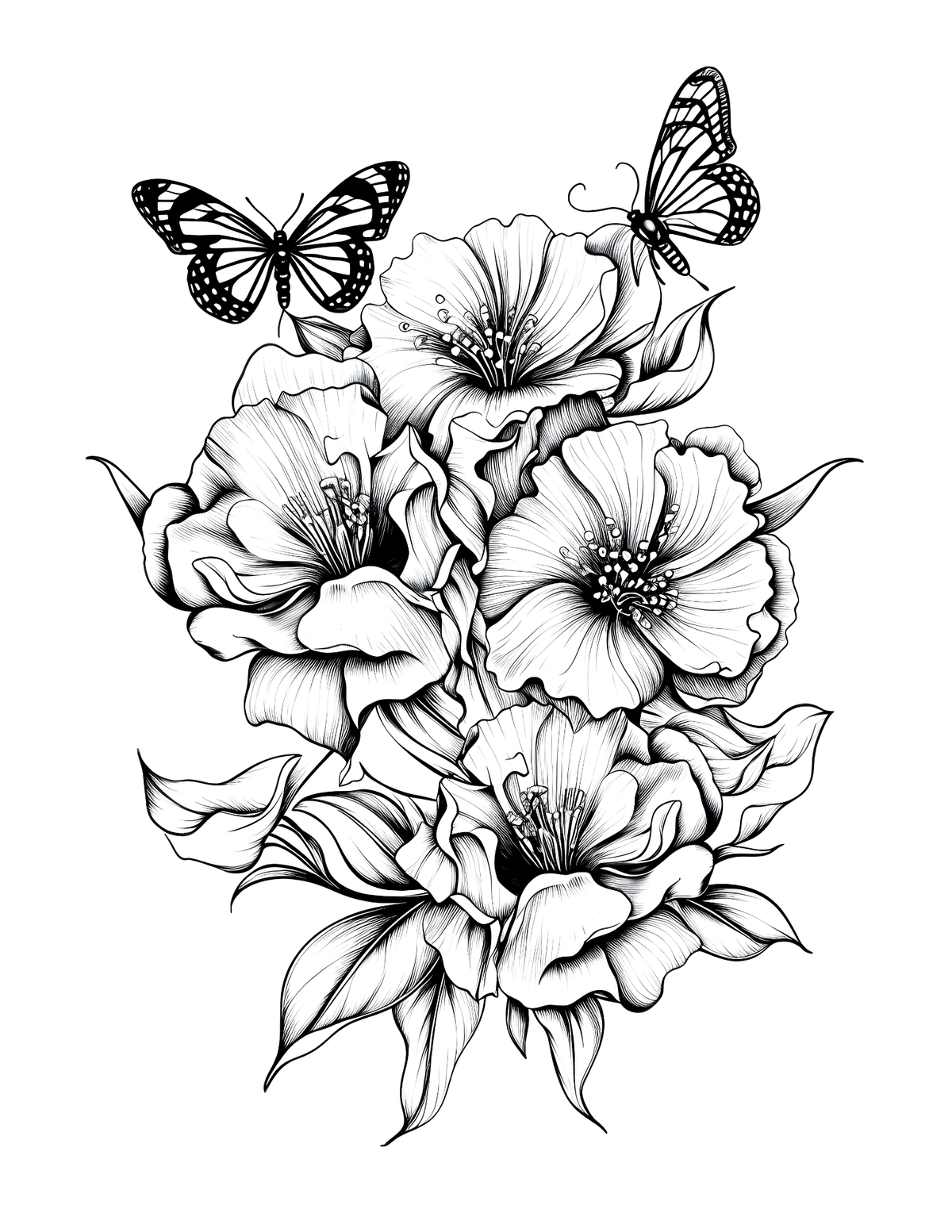 Black and white illustration of flowers and butterflies on a white background