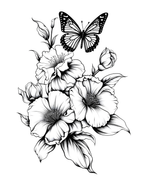 Black and white illustration of flowers and a butterfly on a white background