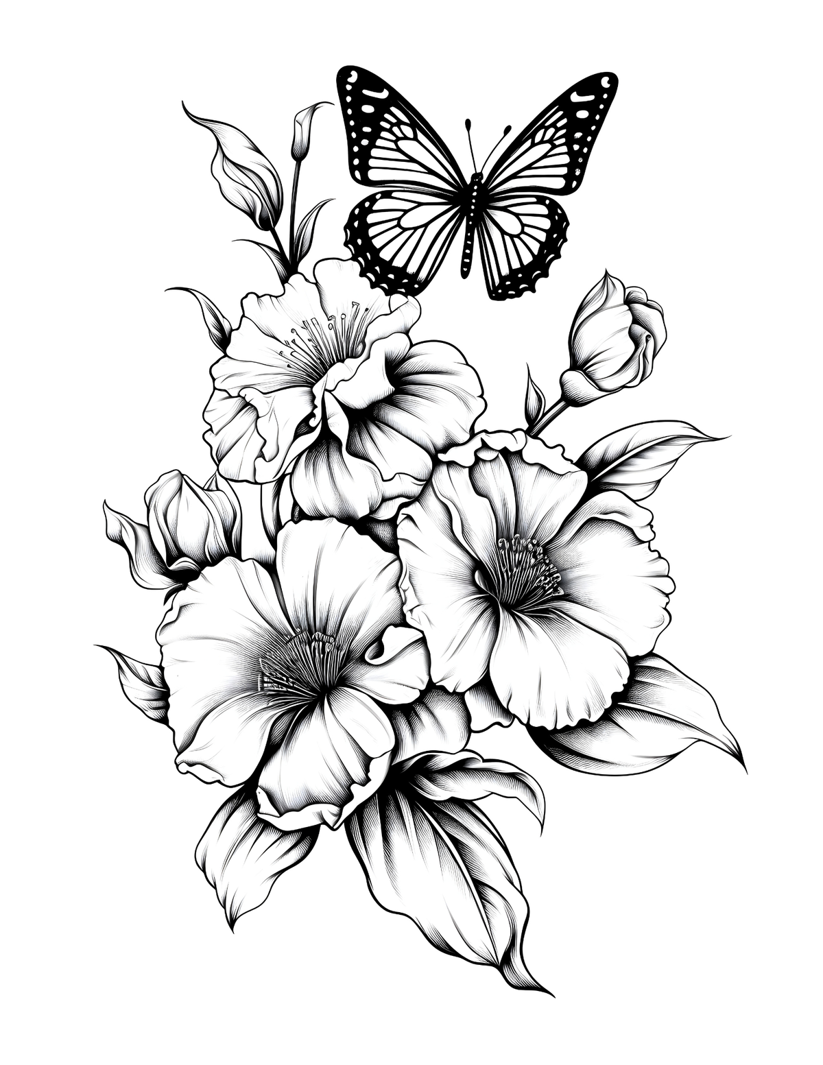 Black and white illustration of flowers and a butterfly on a white background