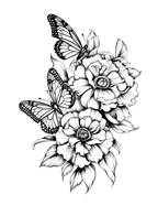 Black and white illustration of butterflies and flowers on a white background