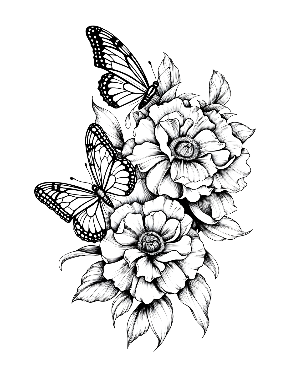Black and white illustration of butterflies and flowers on a white background