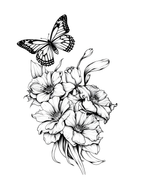 Black and white illustration of flowers and a butterfly on a white background