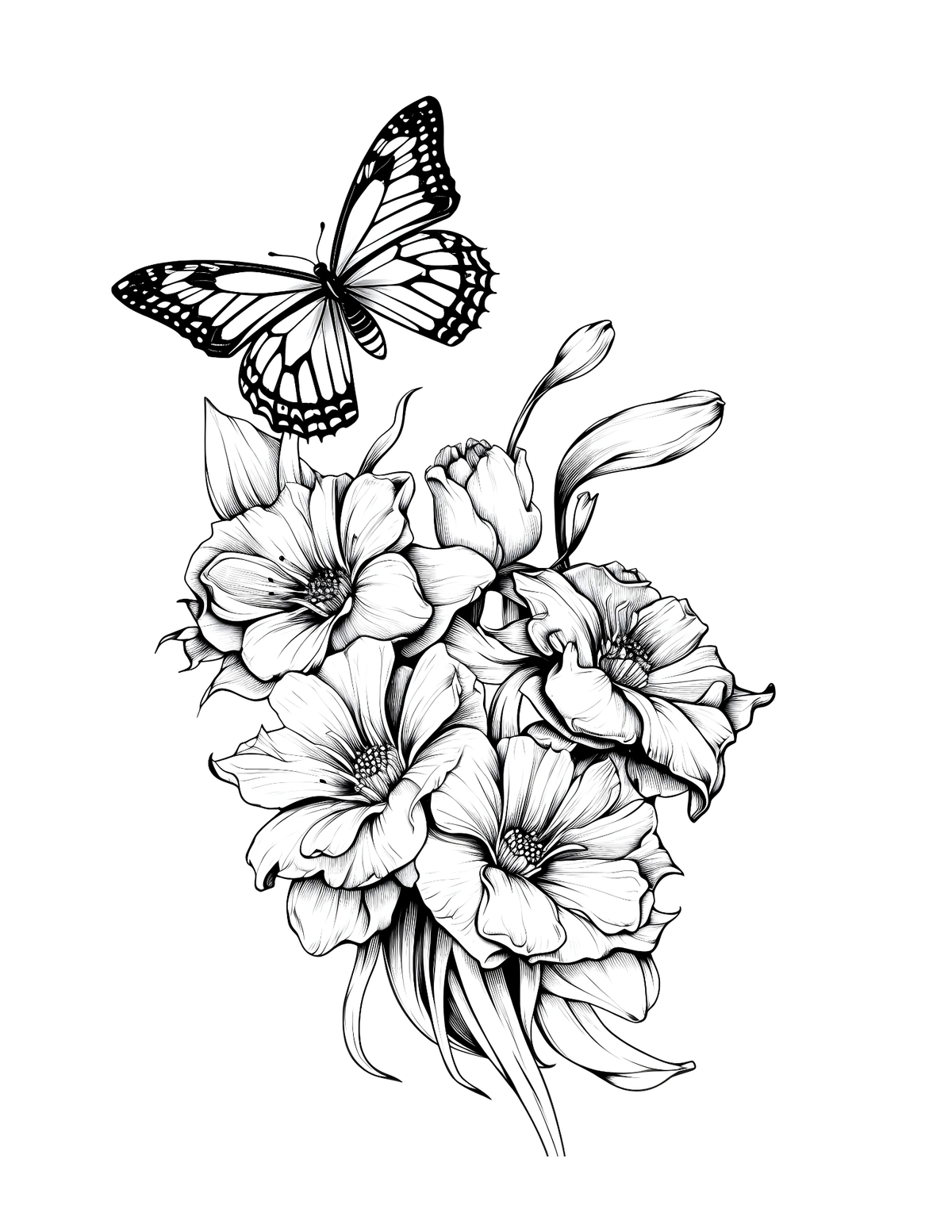 Black and white illustration of flowers and a butterfly on a white background