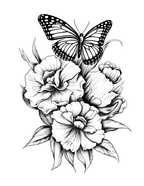 Black and white illustration of a butterfly on flowers