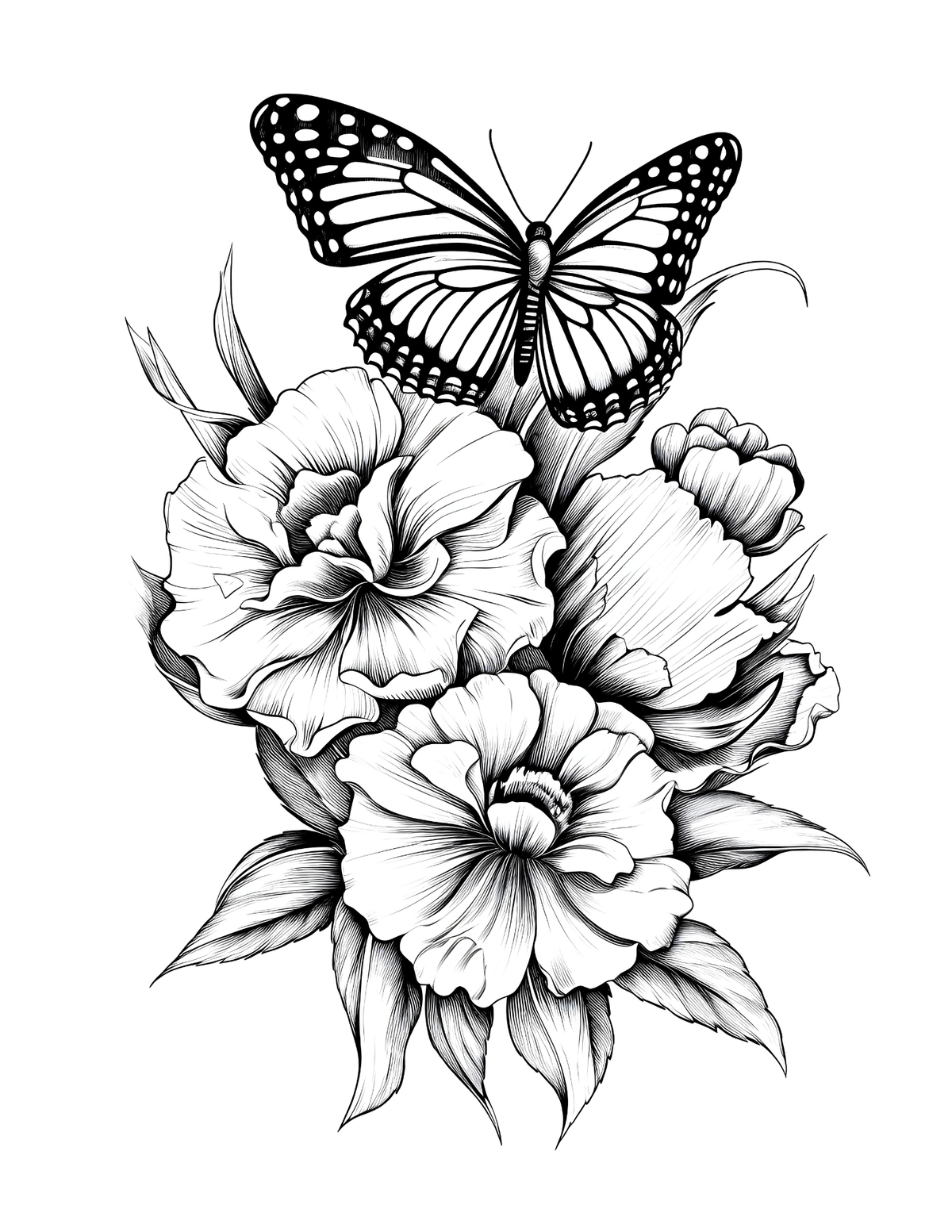 Black and white illustration of a butterfly on flowers