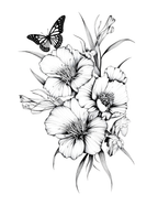 Black and white illustration of flowers and a butterfly on a white background