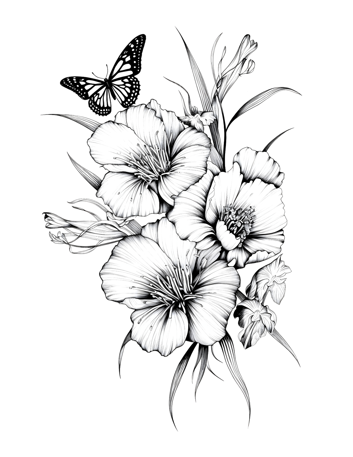 Black and white illustration of flowers and a butterfly on a white background