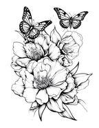 Black and white illustration of flowers and butterflies on a white background