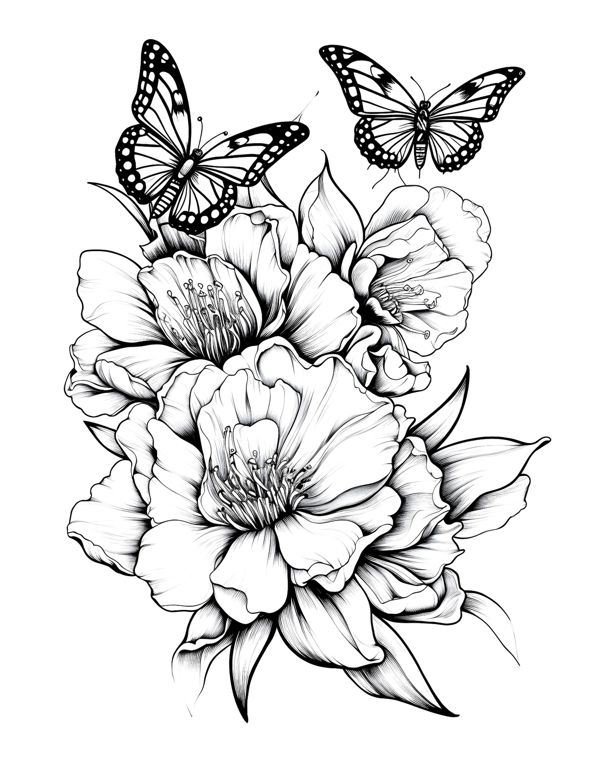 Black and white illustration of flowers and butterflies on a white background