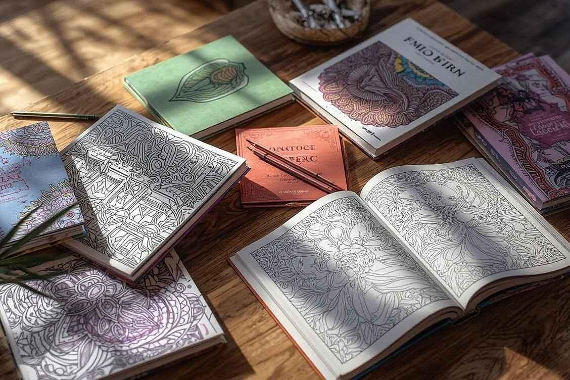 Coloring books with intricate designs on a wooden surface