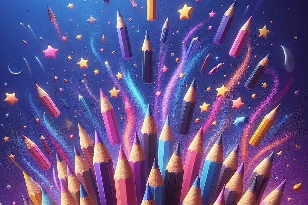 Colorful pencils and stars against a dark blue background